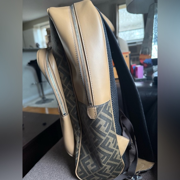 Preowned Like New Fendi FF Logo Chiogo Leather Canvas Backpack Beige/Brown - Picture 4 of 13